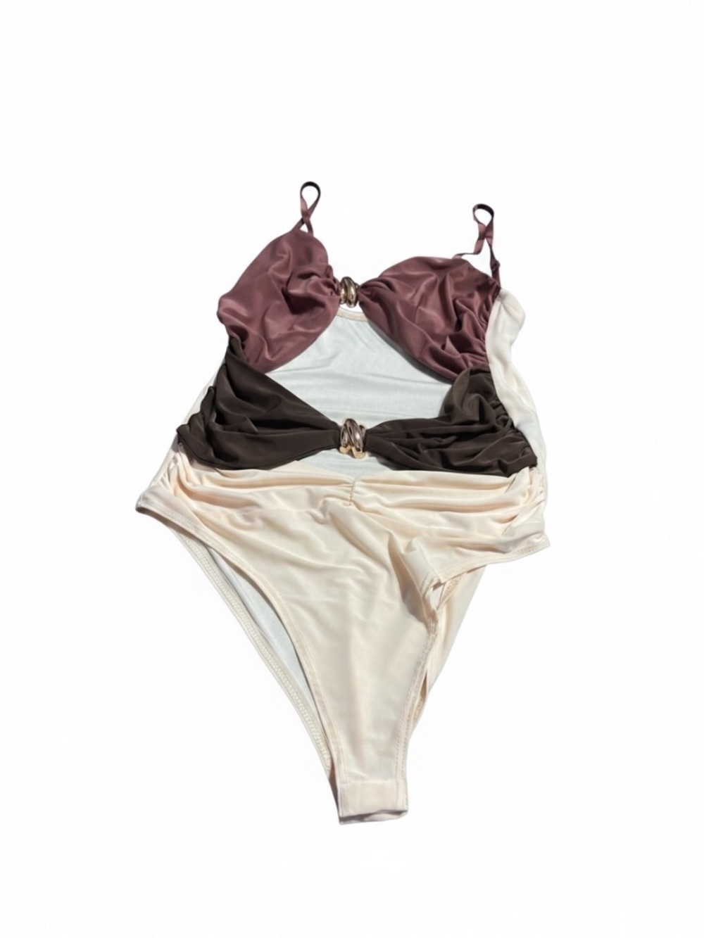 Fashion Nova Colorblock One-Piece Swimsuit in Mauve, Chocolate, and Cream